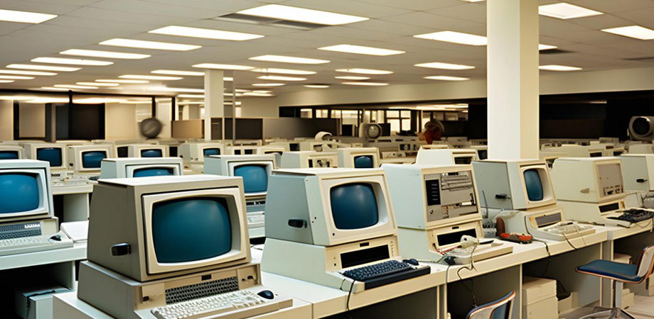 Fictional government department open-plan office with old computers, generated with AI