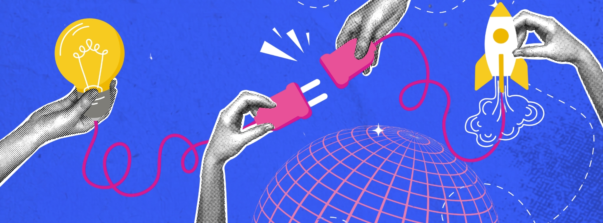 An illustration of a person connecting a lightbulb to a rocket with a globe in the background