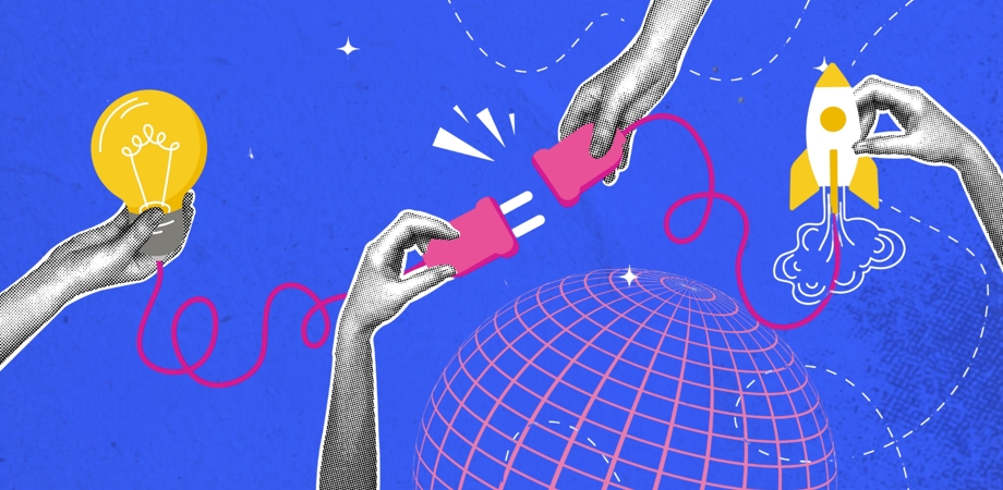 An illustration of a person connecting a lightbulb to a rocket with a globe in the background