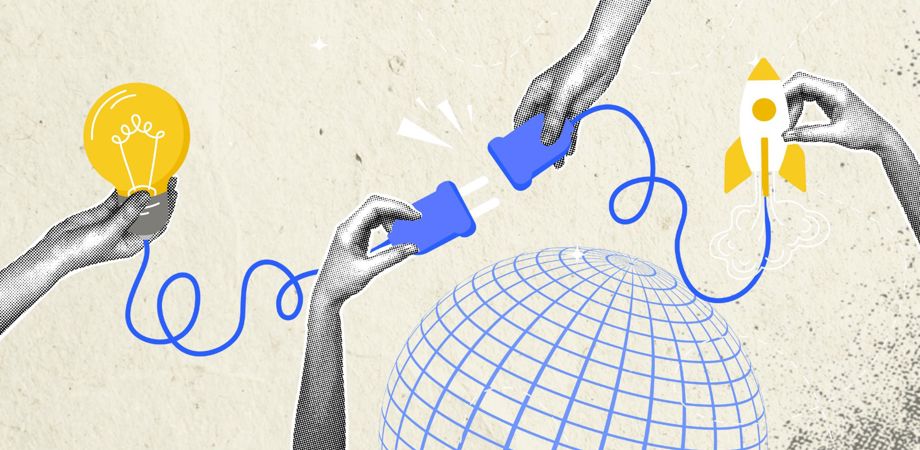 An illustration of a person connecting a lightbulb to a rocket with a globe in the background