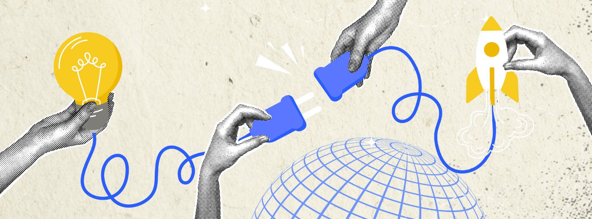 An illustration of a person connecting a lightbulb to a rocket with a globe in the background