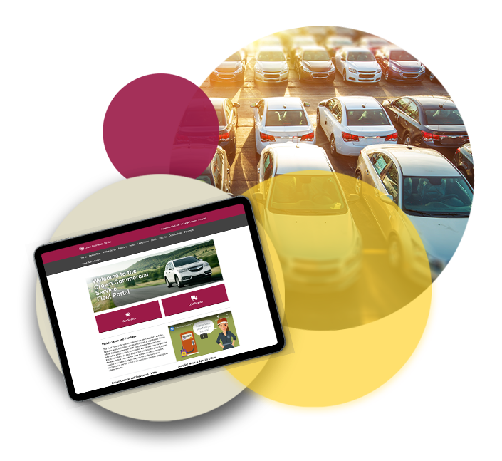 an image of an animated ipad displaying the crown commercial services homepage with an circular image of a carpark in the background 