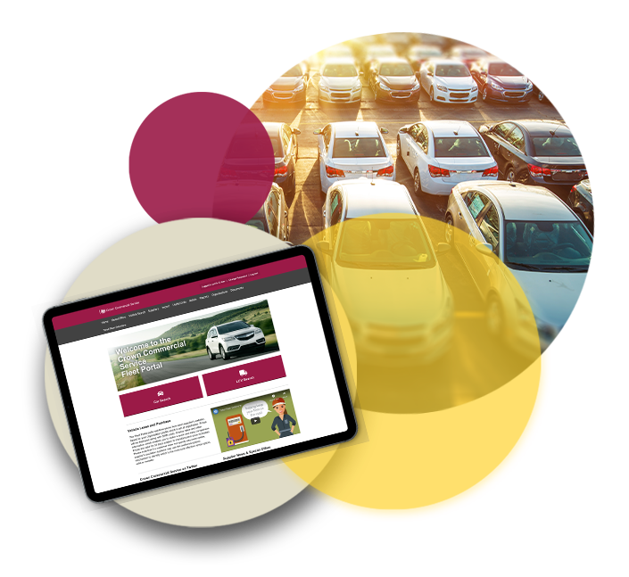an image of an animated ipad displaying the crown commercial services homepage with an circular image of a carpark in the background