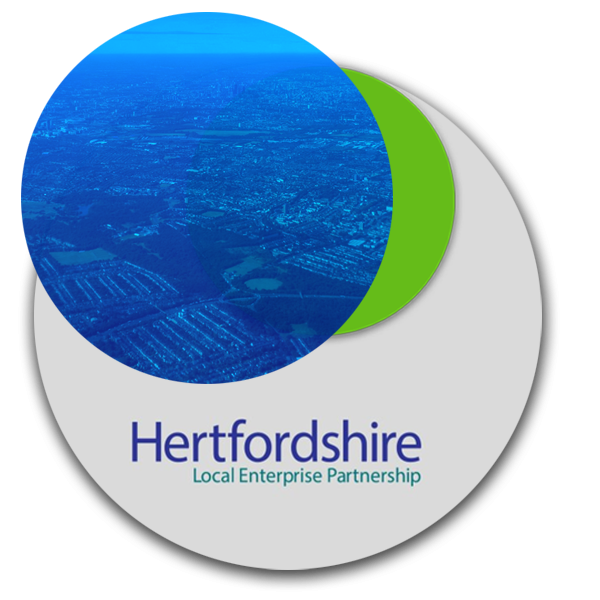 Circular illustration with Hertfordshire LEP logo and aerial image of Herts County