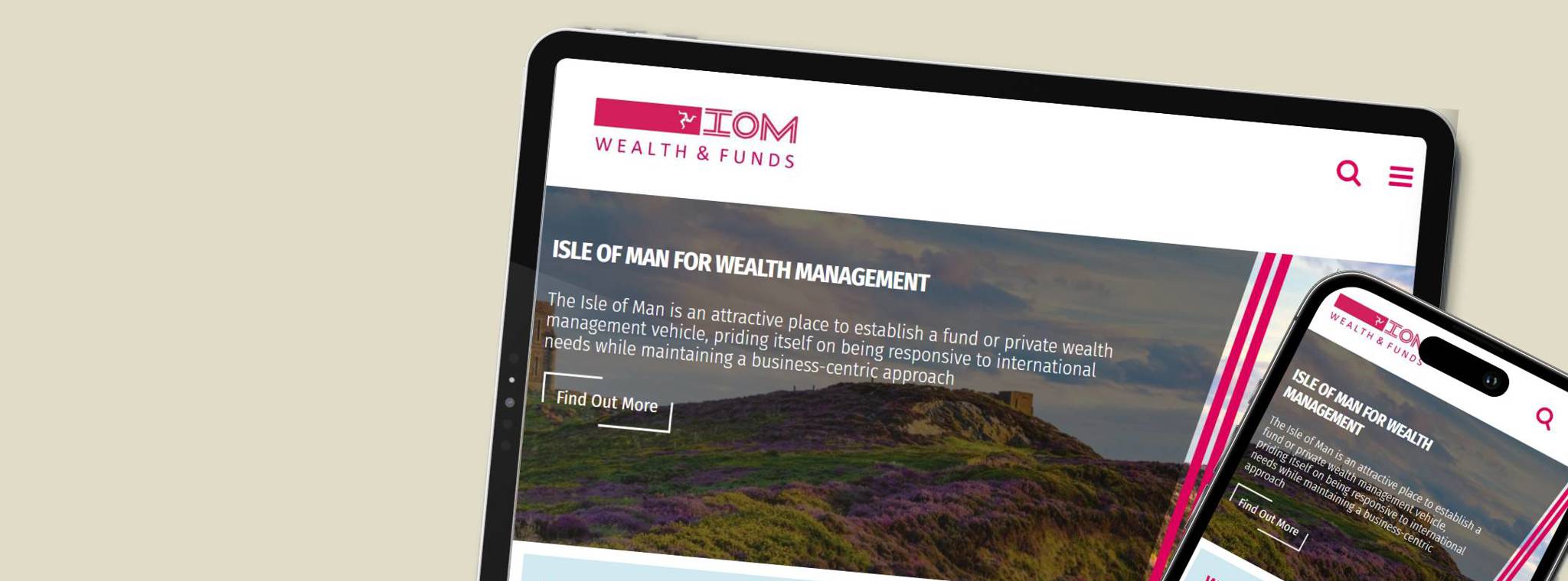 A mock-up of the homepage of IOM Funds on a desktop and mobile device