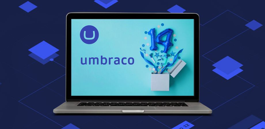 A laptop with Umbraco 14 on the screen with transparent blue squares in the background