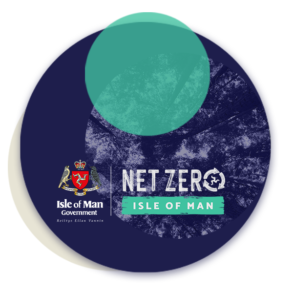 A round image of the sky with the Net Zero Isle of Man logo