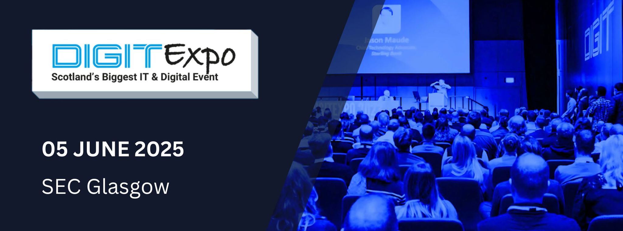 An image of a presentation hall at DIGIT in Glasgow with the details of DIGIT Expo West 2025