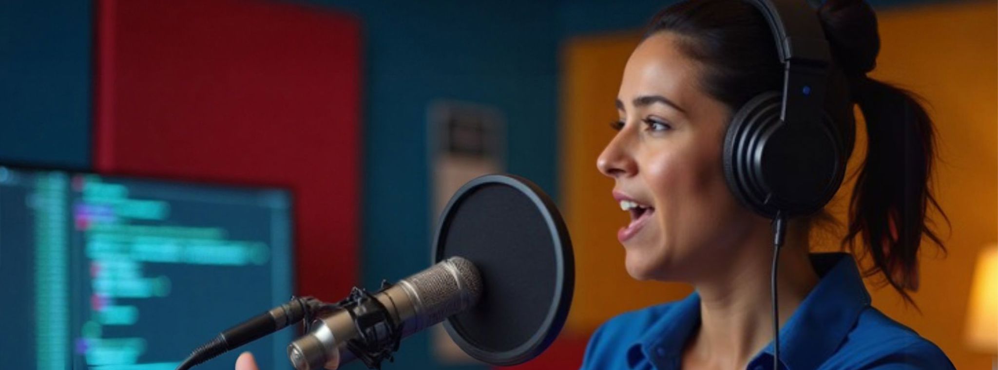 A photo of a woman wearing headphones talking into a podcast mic
