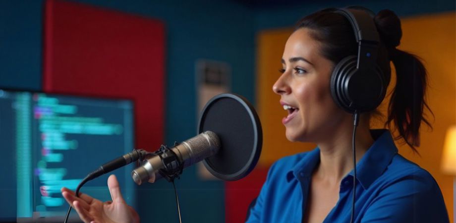 A photo of a woman wearing headphones talking into a podcast mic