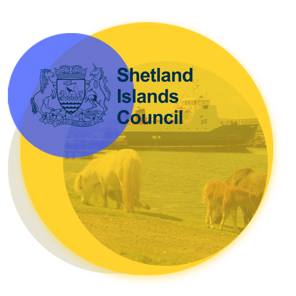 An image of Shetland ponies with the Shetland Islands Council logo