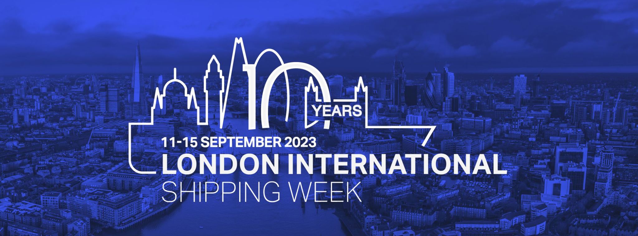 Aerial shot of the river Thames with a blue overlay and the London International Shipping Week 2023 logo