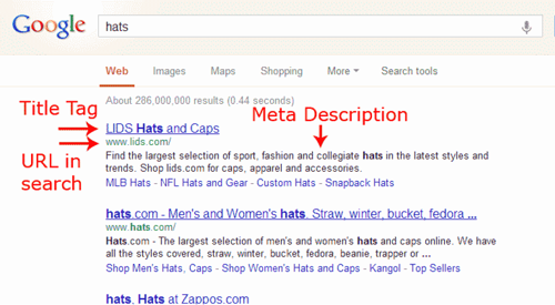 Screenshot of Google search results showing titles and meta descriptions