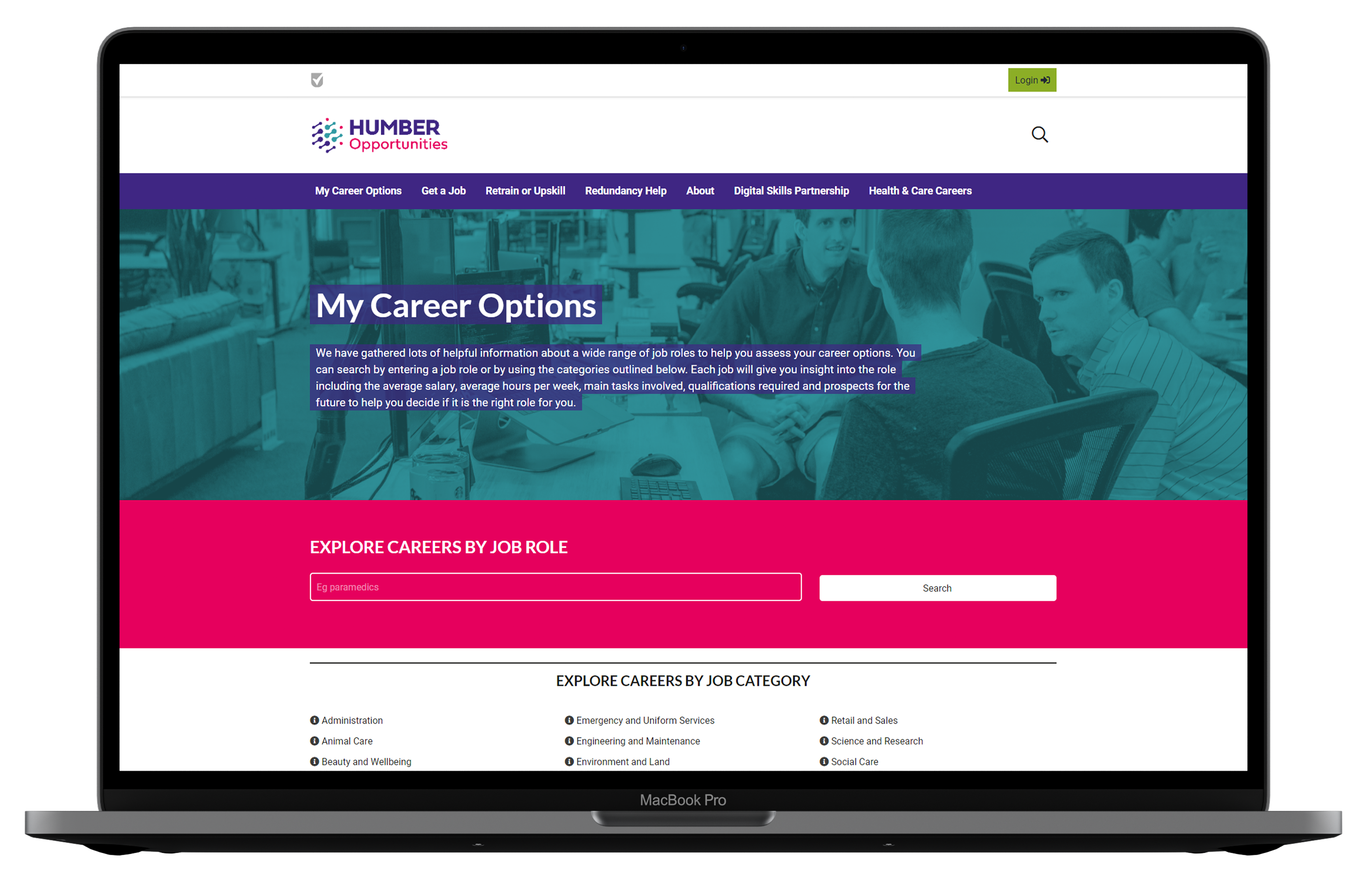 A mock-up of the Humber Opportunities website on a laptop