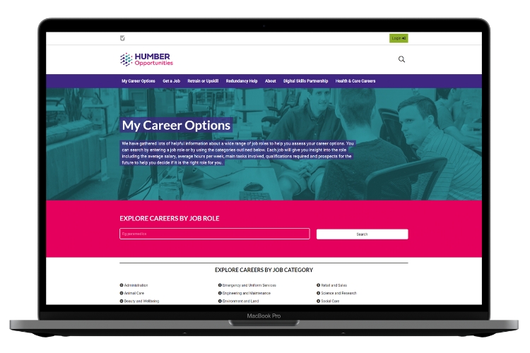 A mock-up of the Humber Opportunities website on a laptop