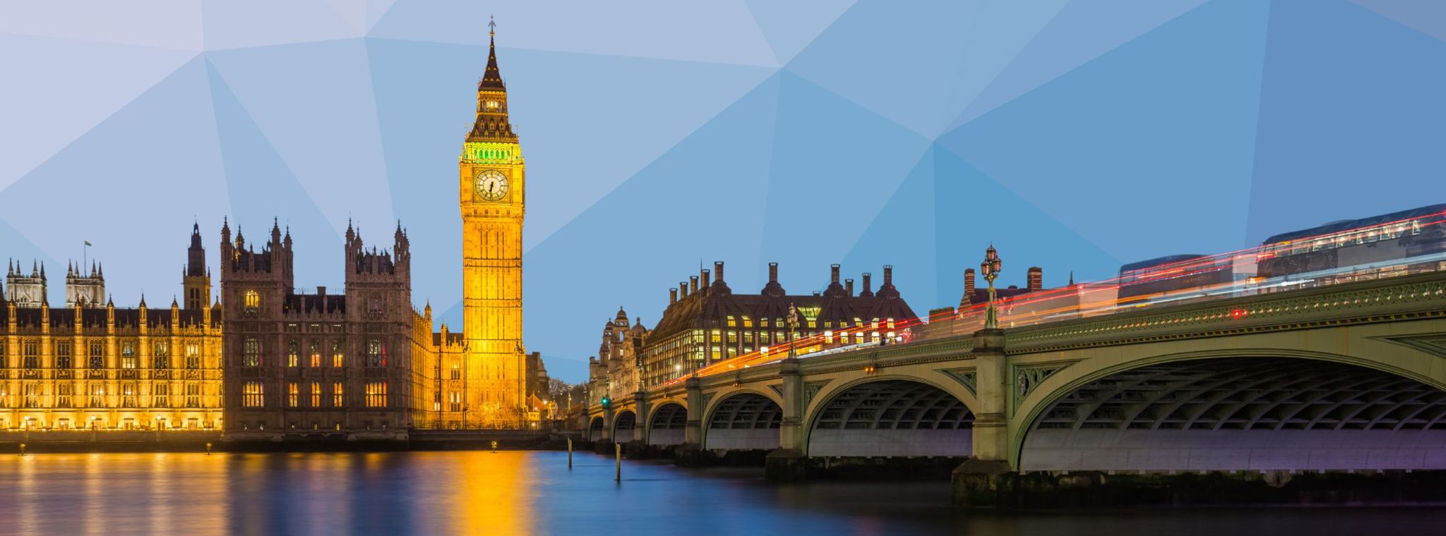 An image of Big Ben and Westminster Bridge with a gradient blue angular background to represent digital in UK public sector