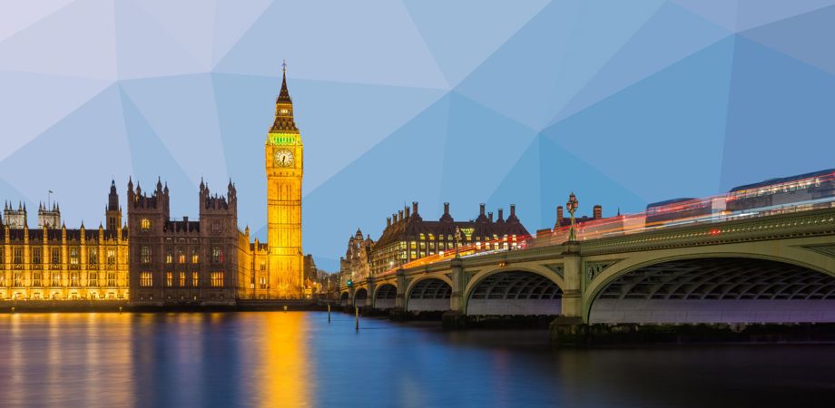 An image of Big Ben and Westminster Bridge with a gradient blue angular background to represent digital in UK public sector