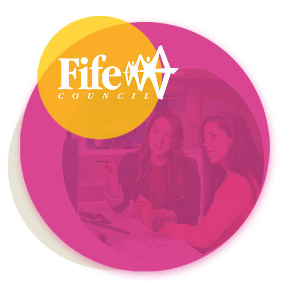 An image of two people with the Fife Council logo overlaid on it