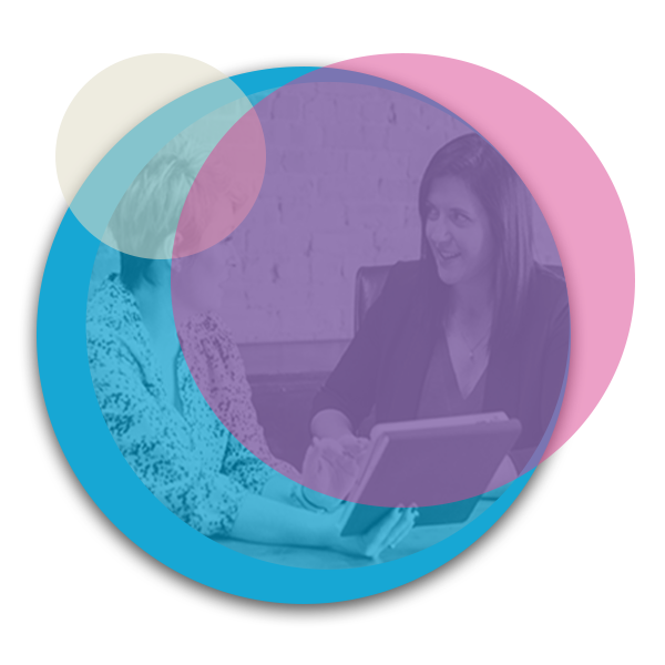 Circular Illustration of a woman holding an IPad while talking to another woman