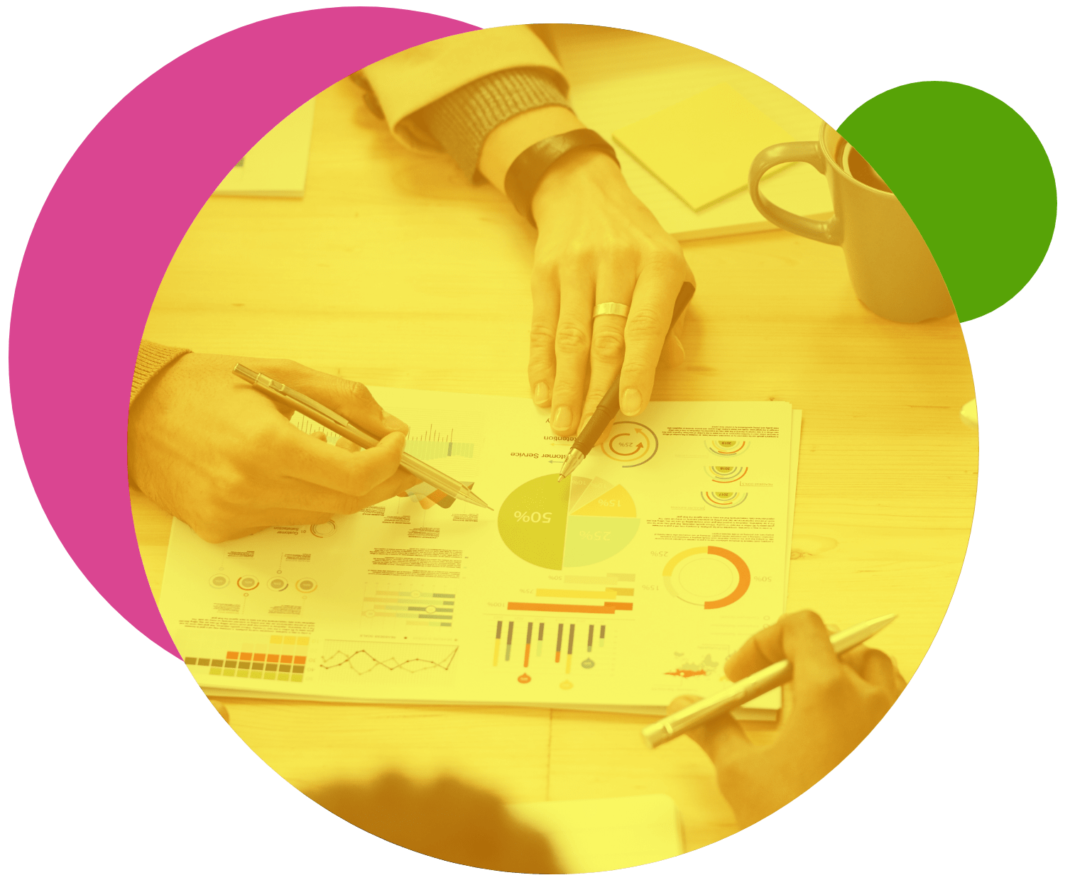 an image of three hands each holding pens over a piece of paper displaying analytics