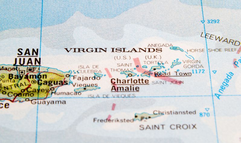 A photo of a map with the US and British Virgin Islands displayed