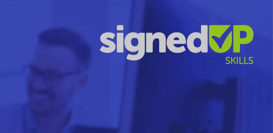 Blue banner image with people training and Signedup Skills logo