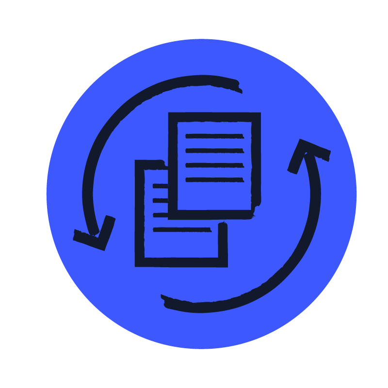 cartoon graphic of documents surrounded by two half circle arrows against a blue circle background