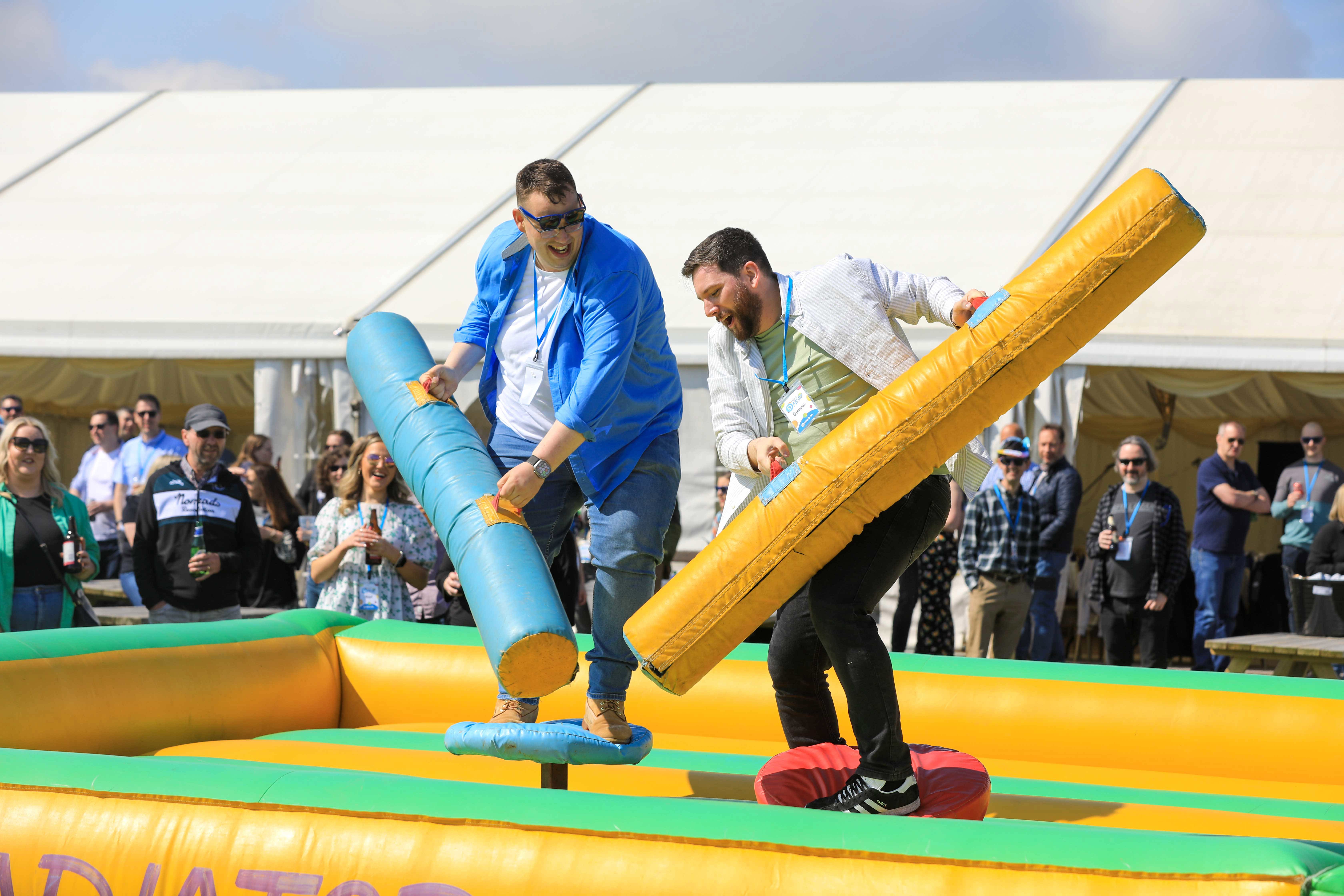 Nick Collins and Cameron Masterton playing on the gladiator garden game