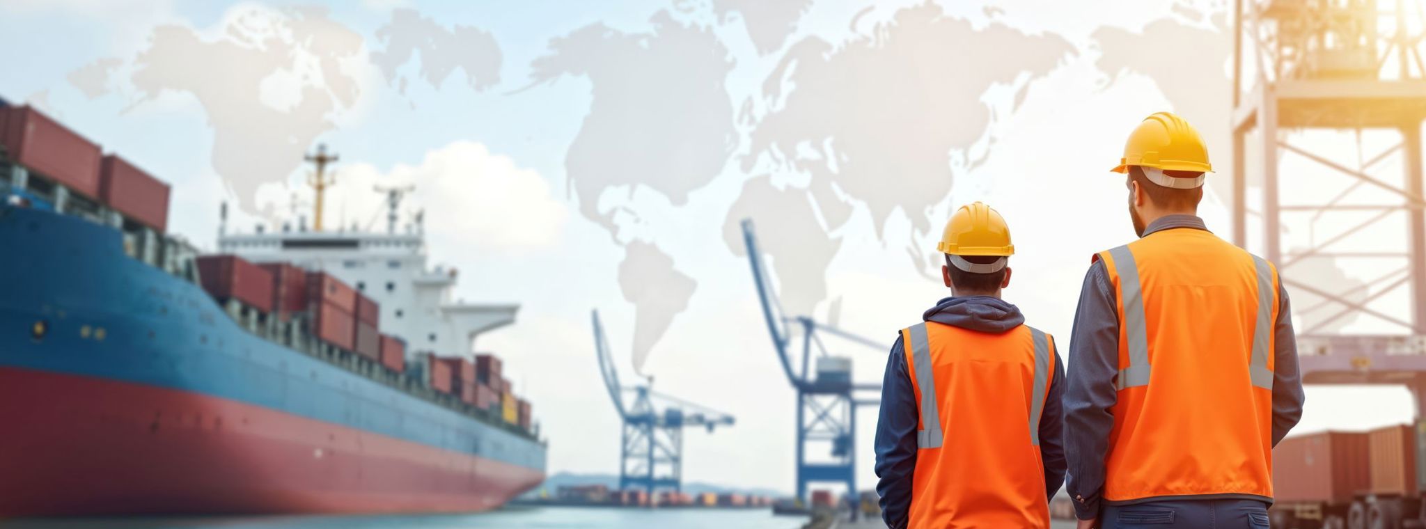 A photo of two men in hard hats and high vis stood on a portside by a cargo ship with a digital world map overlay