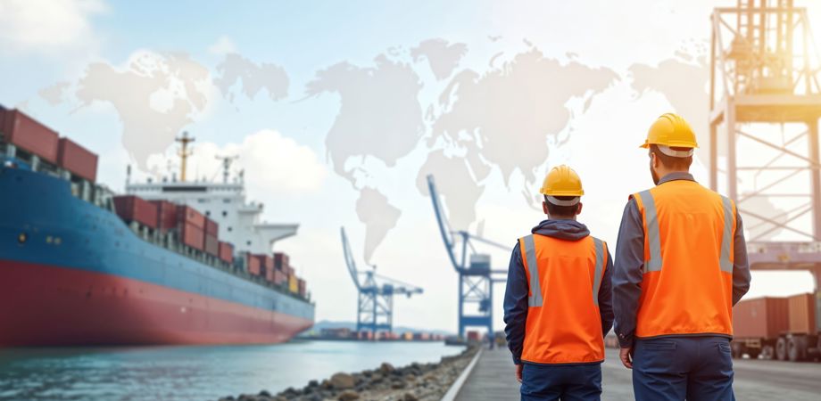A photo of two men in hard hats and high vis stood on a portside by a cargo ship with a digital world map overlay