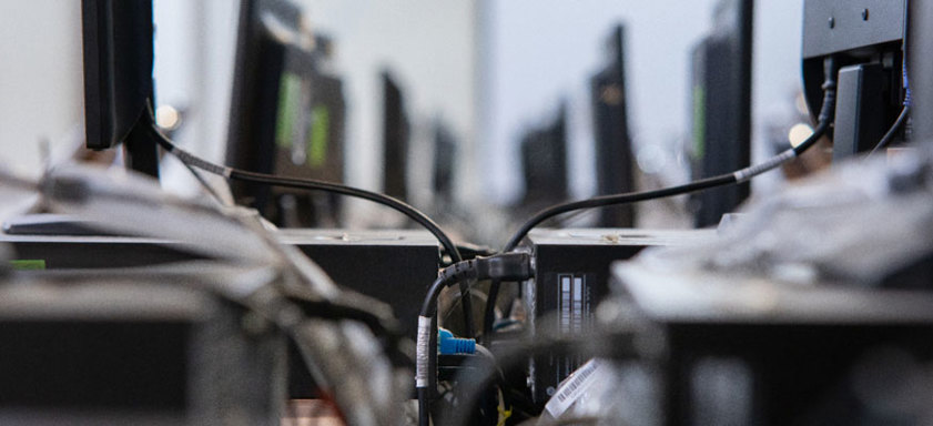 Old desktop computers in office
