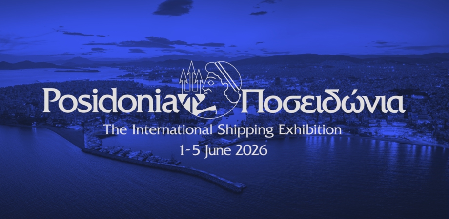 Aerial view of Piraeus district in Athens at the sea with the Posidonia 2026 logo and event details