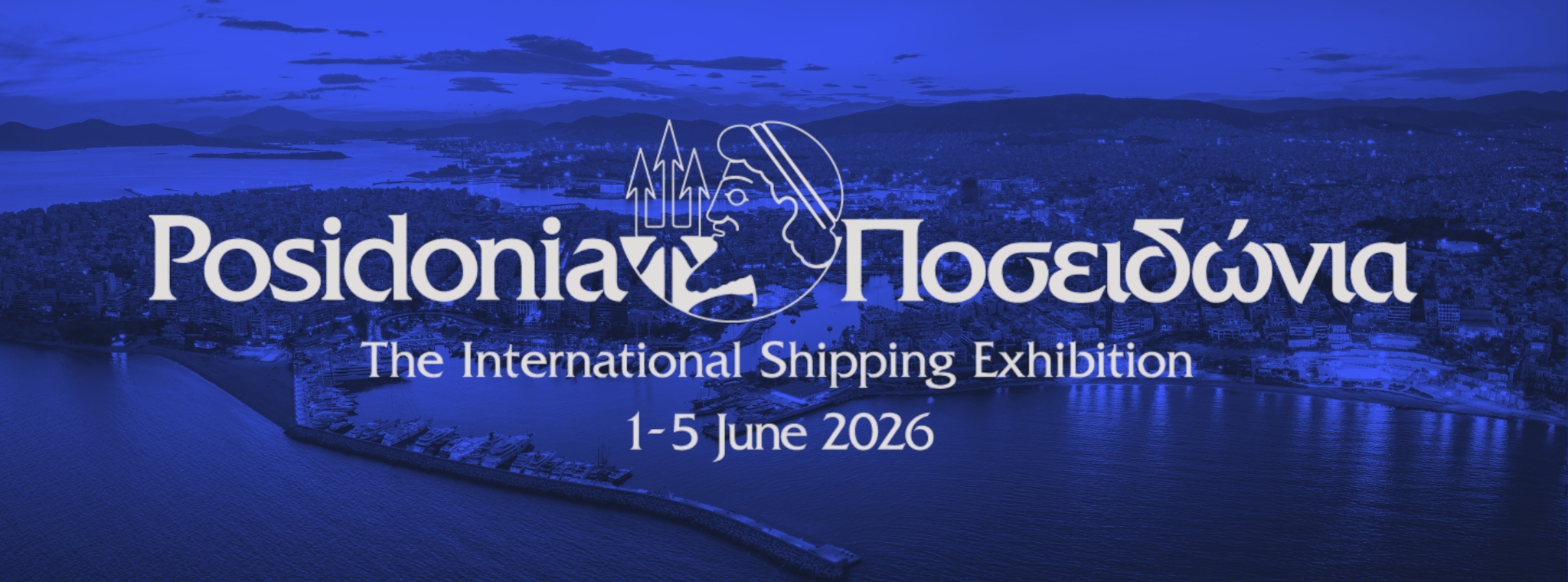 Aerial view of Piraeus district in Athens at the sea with the Posidonia 2026 logo and event details