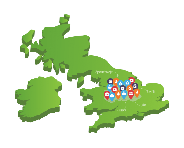 Illustration of the United Kingdom map demonstrating icons for apprenticeships, events, jobs, courses