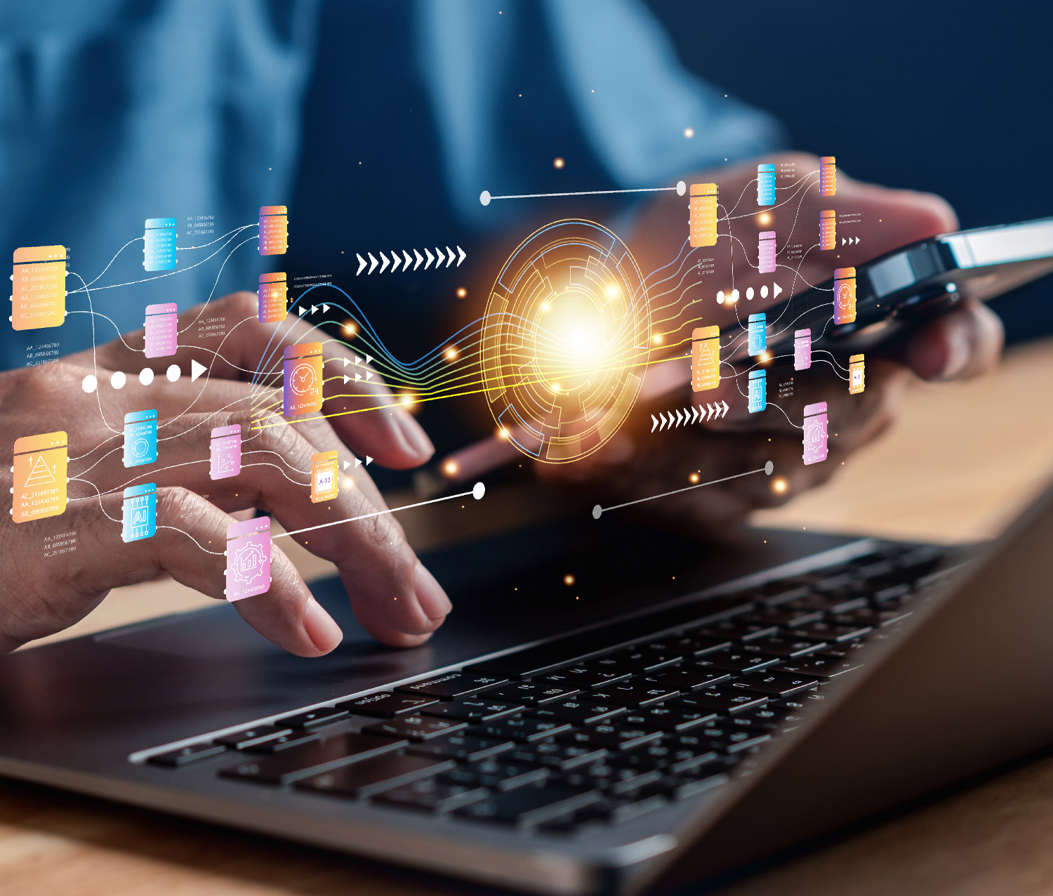 Concept of man using a laptop and smartphone for data analytics