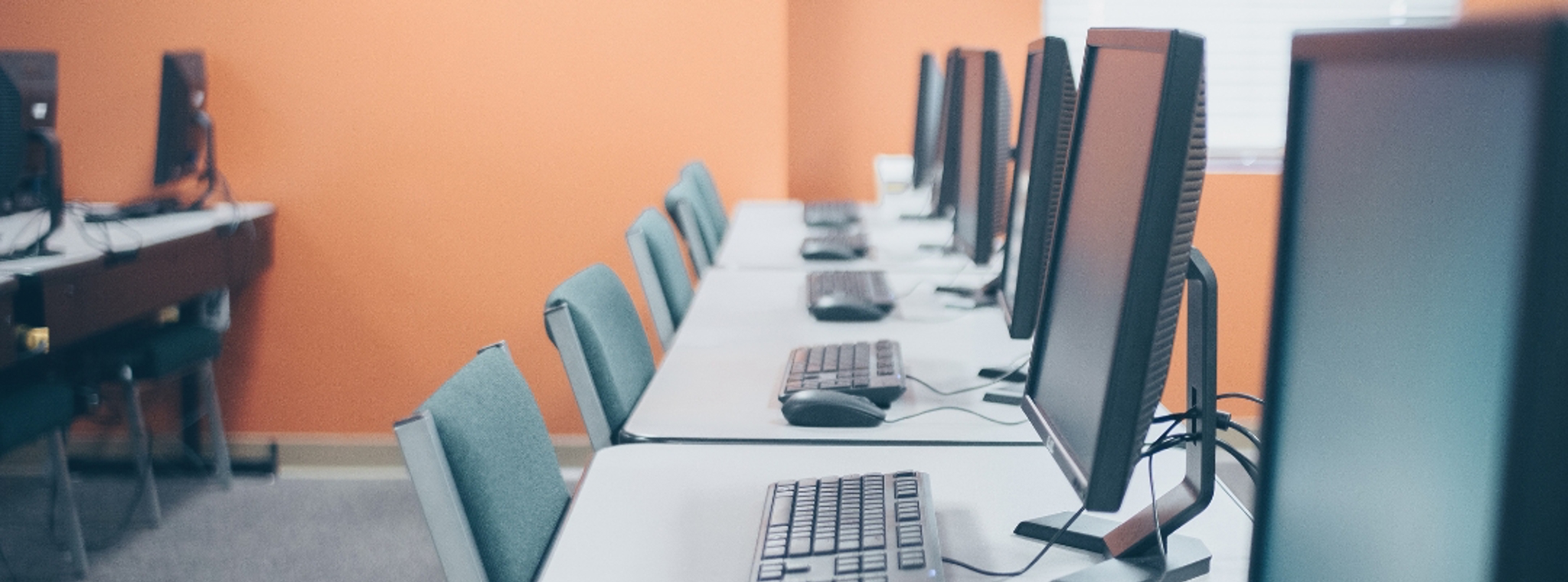 An image of a row of computer monitors at desks in an office space
