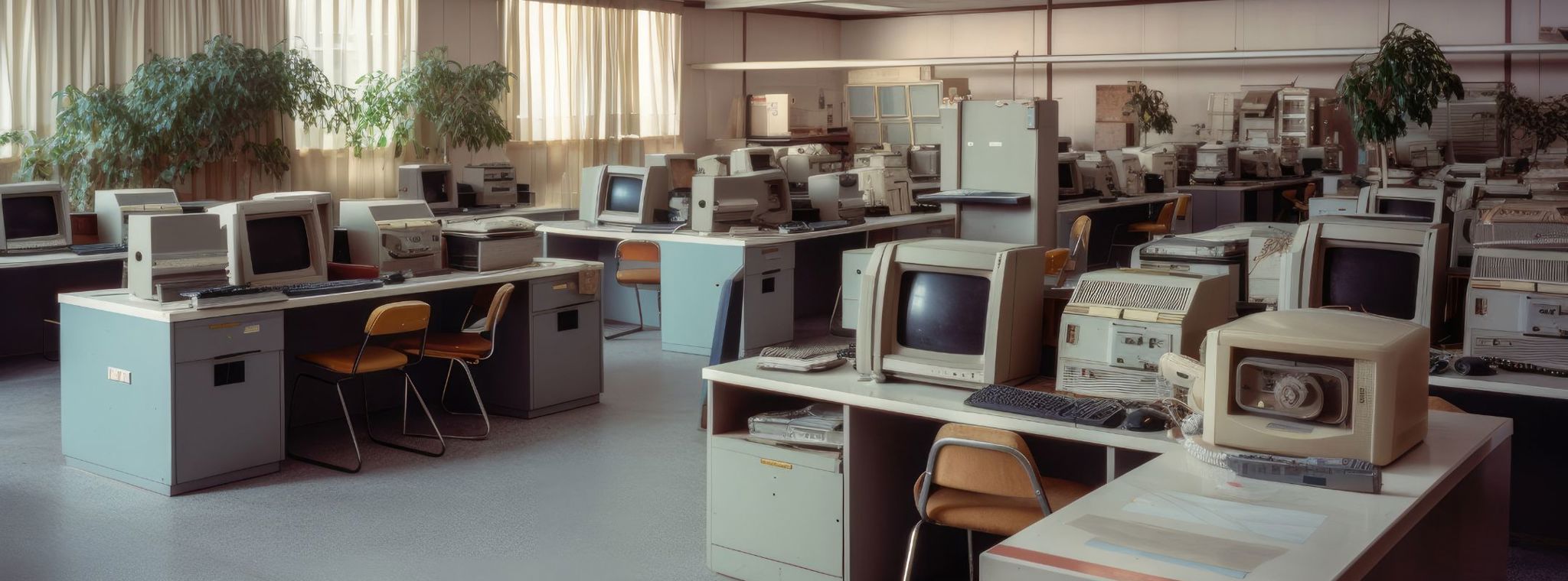 An image of a 1980s styled office interior with vintage computers and desks