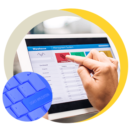 A photo of a hand using a web system on a tablet with another photo of a keyboard with a legacy application button