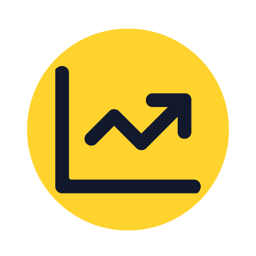 Icon of graph arrow pointing upwards against a yellow background