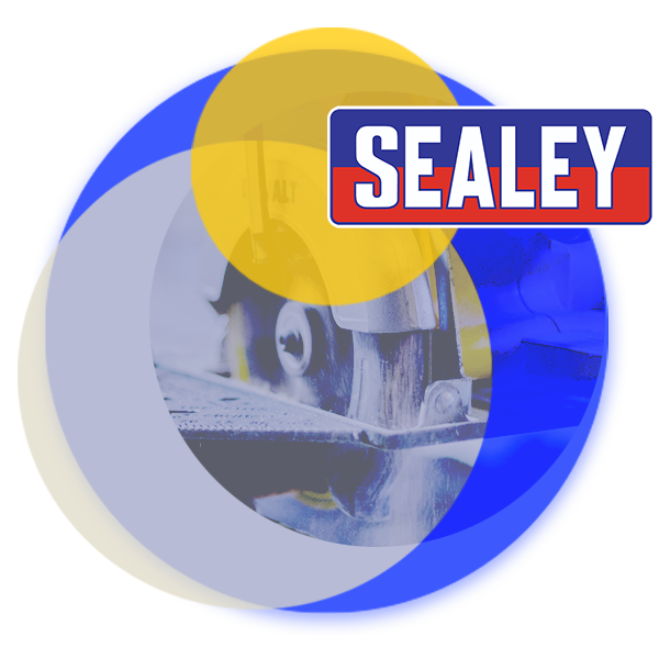 A round image of an angle grinder being used with the Sealey logo overlaid 