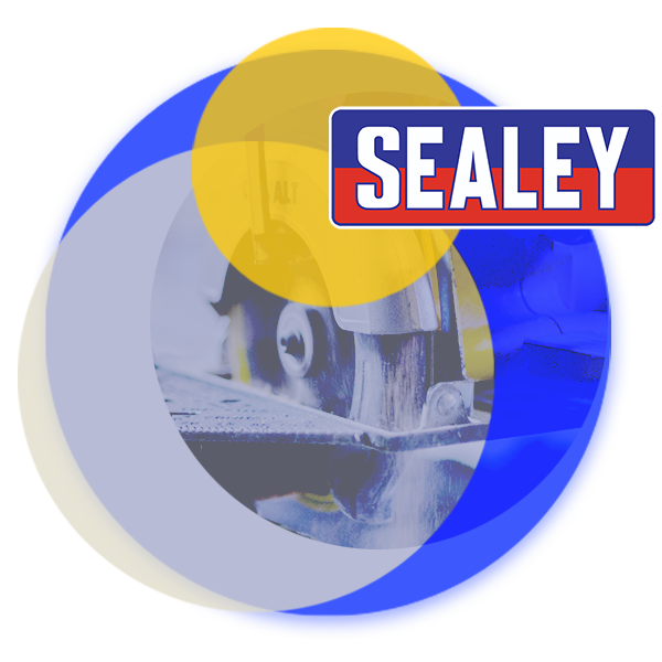 A round image of an angle grinder being used with the Sealey logo overlaid