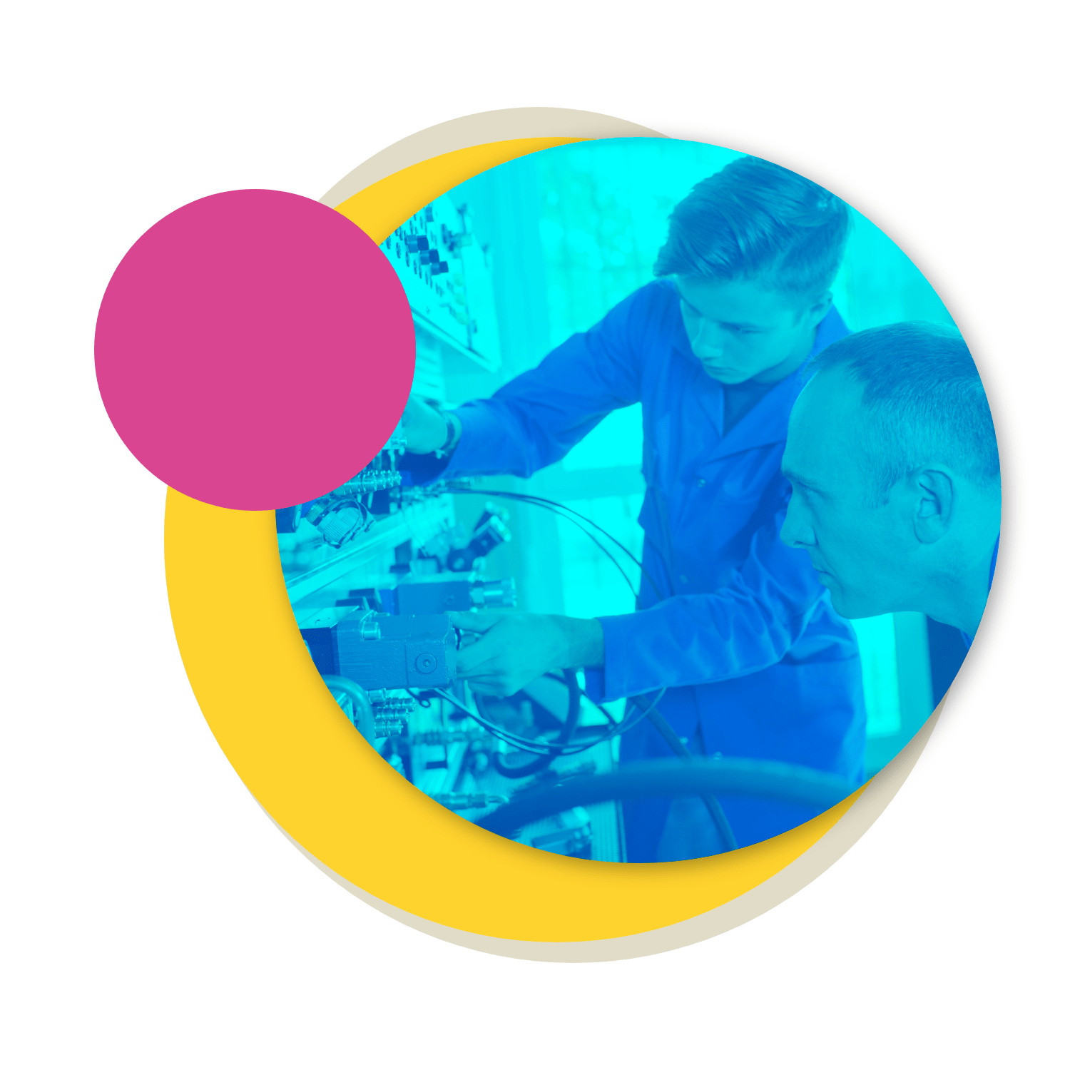 Circular image of engineering apprentice working while being mentored