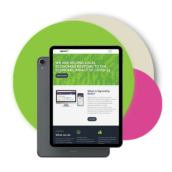 A mock-up of the SignedUp website displayed on a tablet