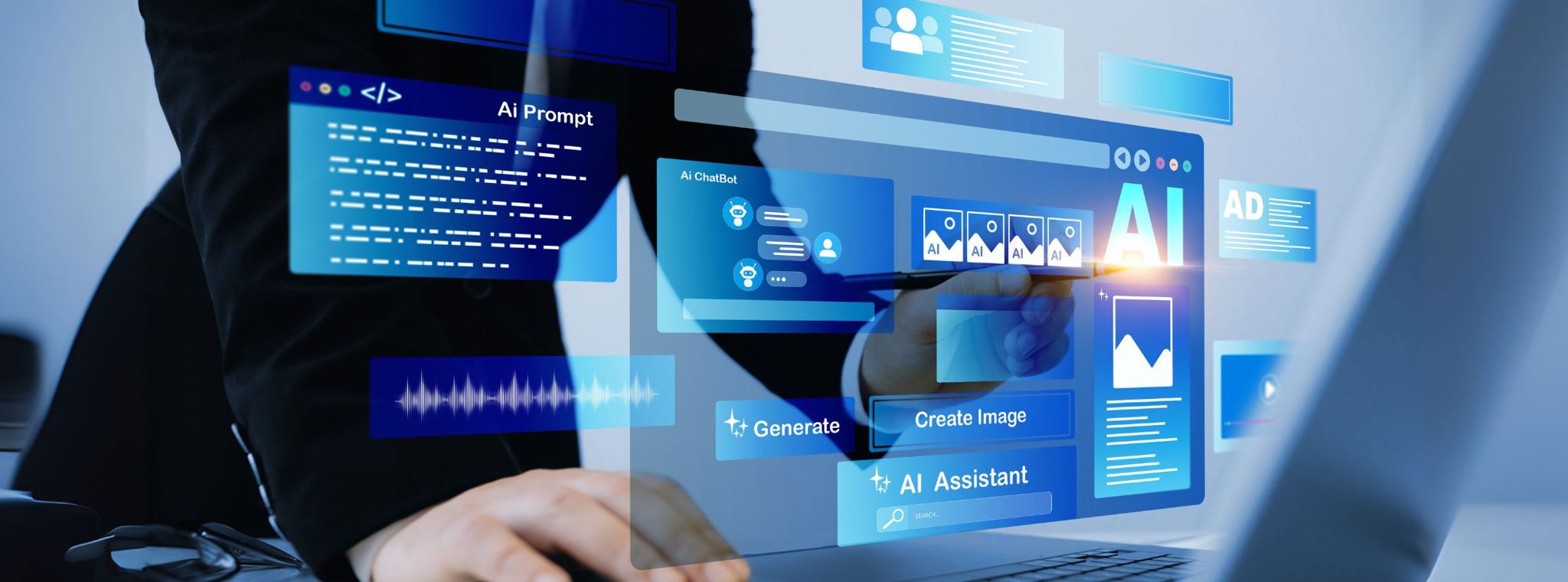 A person using a laptop with the AI assistant to solve some tasks more easily. Image generator, documents, marketing and advertising, bot writing and coding