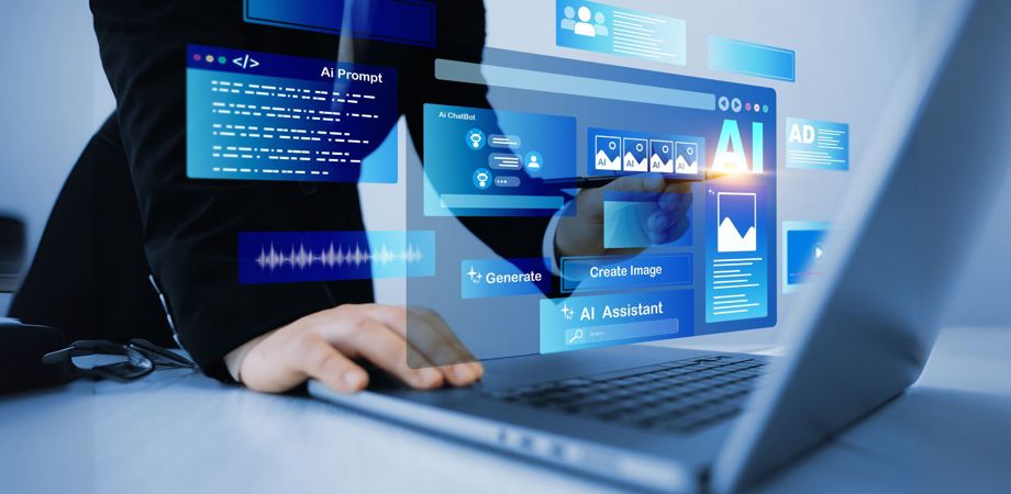A person using a laptop with the AI assistant to solve some tasks more easily. Image generator, documents, marketing and advertising, bot writing and coding