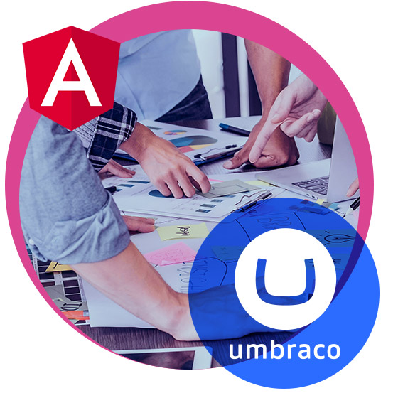An icon of designers working on plans with the Umbraco and Angular logos
