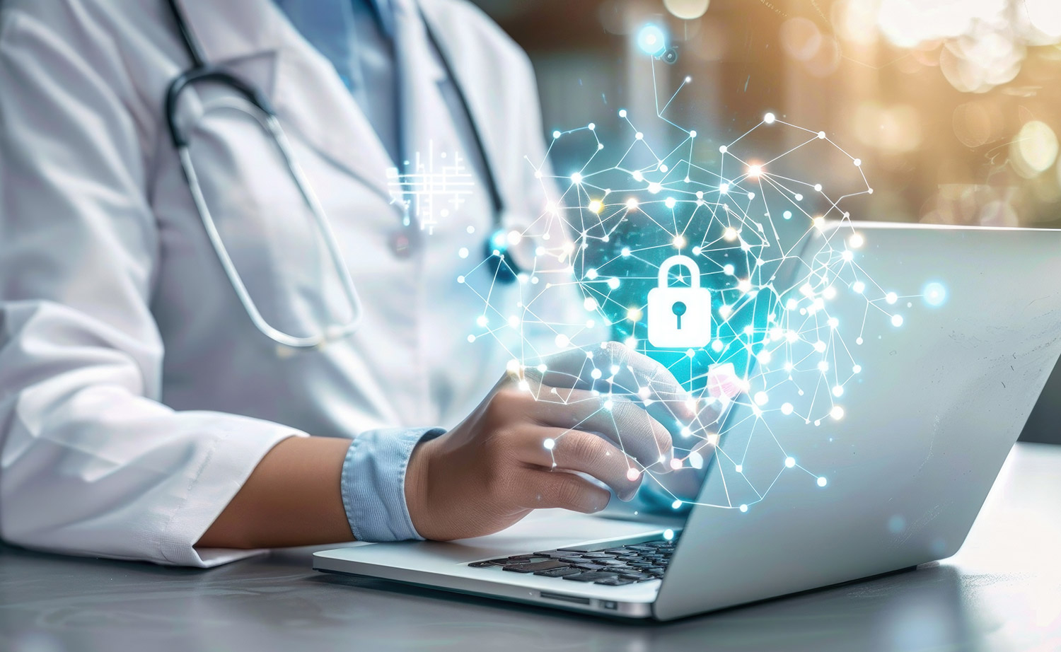 Concept of doctor using a laptop and Digital Medical Certificates