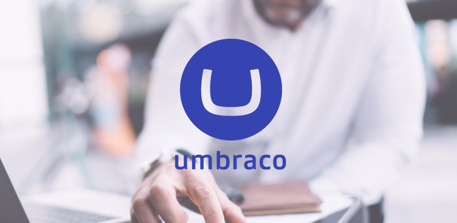 Developer using a laptop in the background with Umbraco logo