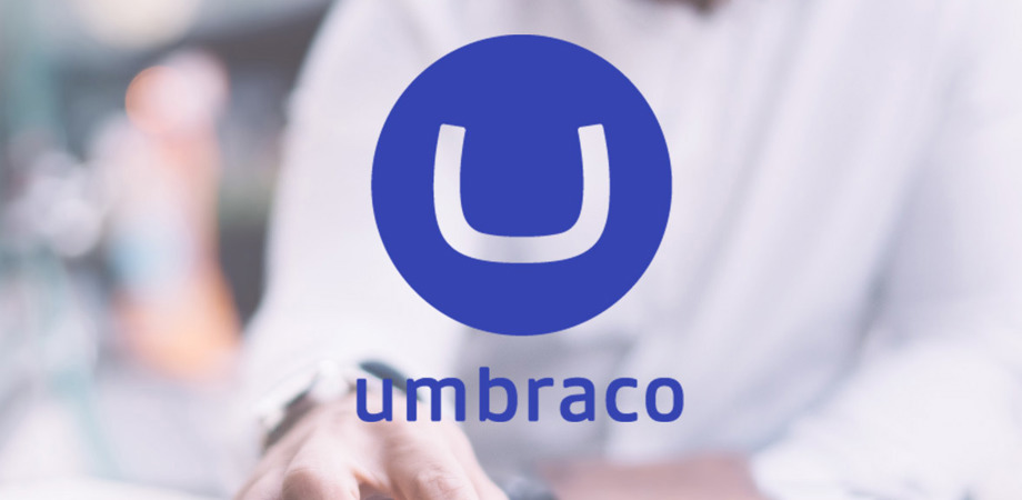 Developer using a laptop in the background with Umbraco logo